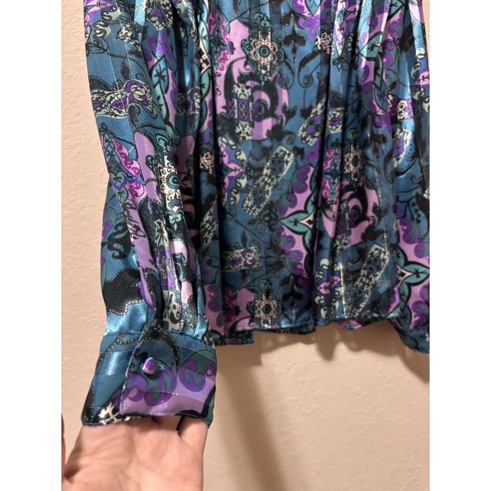 Regency Maximalism Vtg Satin Blouse Size 10 M Ornate Teal Purple Art Deco 80s